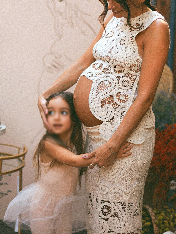 White Lace Cut Out Crop Hollow Irregular 2-in-1 Babyshower Maternity Maxi Dress
