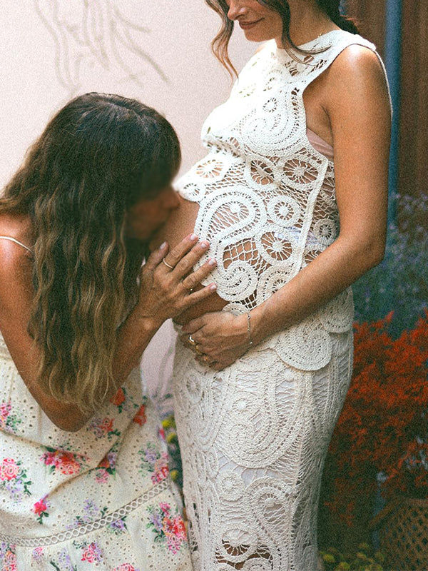 White Lace Cut Out Crop Hollow Irregular 2-in-1 Babyshower Maternity Maxi Dress