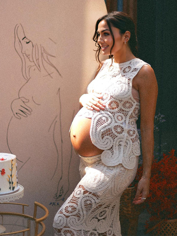 White Lace Cut Out Crop Hollow Irregular 2-in-1 Babyshower Maternity Maxi Dress