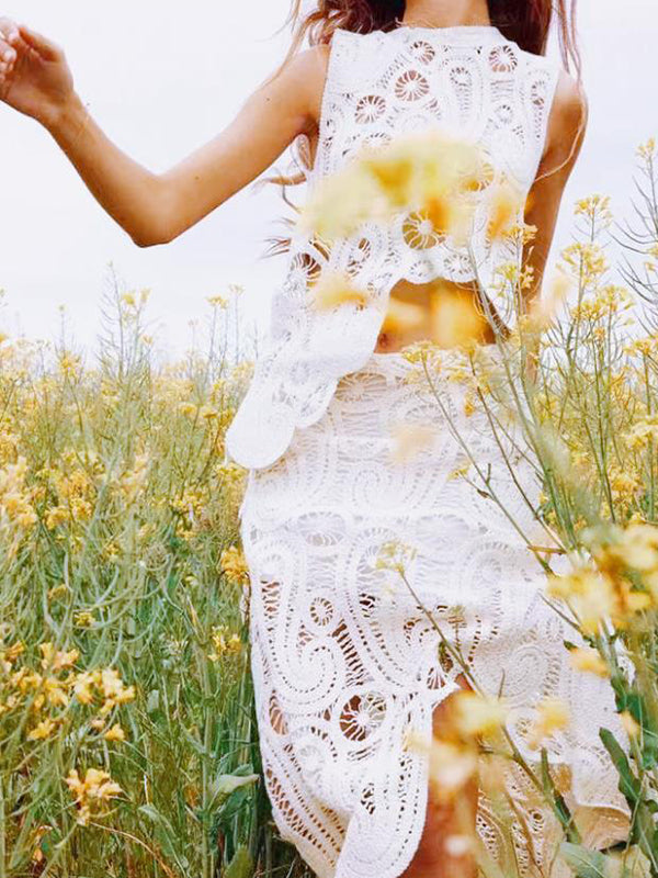 White Lace Cut Out Crop Hollow Irregular 2-in-1 Babyshower Maternity Maxi Dress