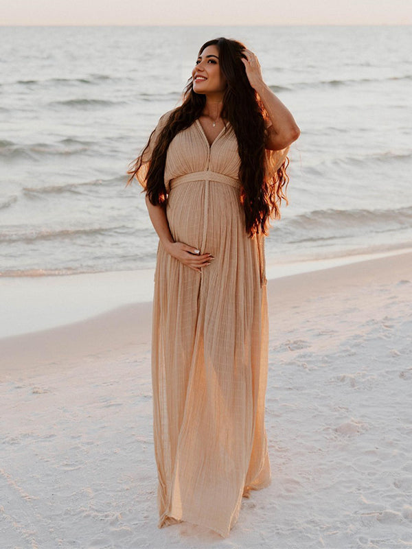 V-Neck Linen Cotton Bohemian Backless Thigh High Side Slits Tassel Vacation Photoshoot Maternity Maxi Dress