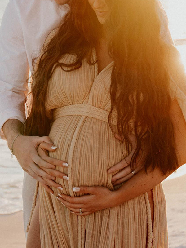 V-Neck Linen Cotton Bohemian Backless Thigh High Side Slits Tassel Vacation Photoshoot Maternity Maxi Dress