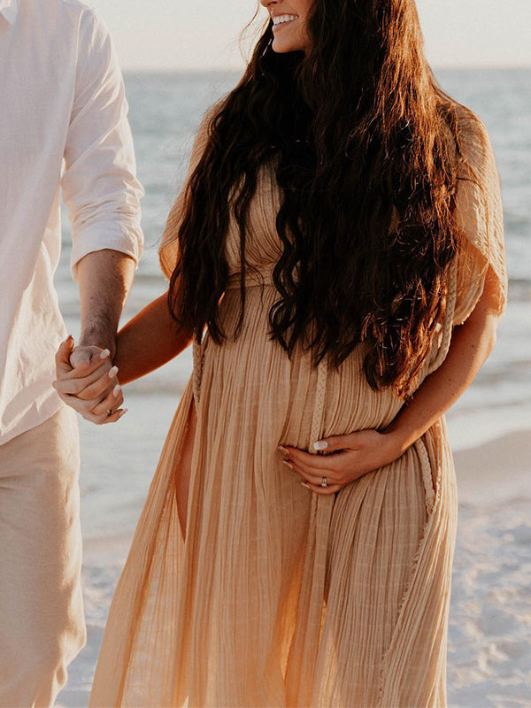 V-Neck Linen Cotton Bohemian Backless Thigh High Side Slits Tassel Vacation Photoshoot Maternity Maxi Dress