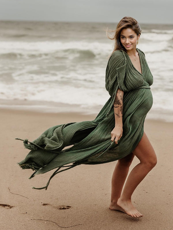V-Neck Linen Cotton Bohemian Backless Thigh High Side Slits Tassel Vacation Photoshoot Maternity Maxi Dress