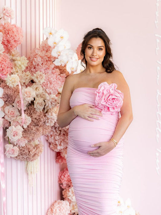 Pink 3D Flower Cascading Ruffle Bandeau Irregular Bandage Cute Bodycon Babyshower Maternity Maxi Dress