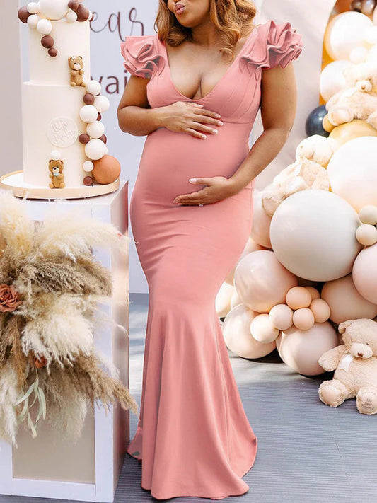 Pink Ruffle Backless V-Neck Mermaid Bodycon Baby Shower Maternity Maxi Dress