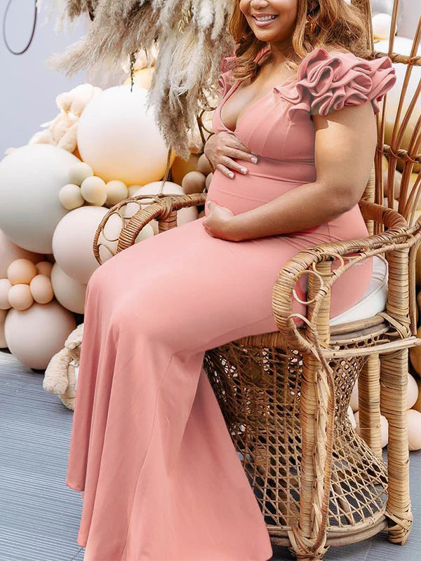 Pink Ruffle Backless V-Neck Mermaid Bodycon Baby Shower Maternity Maxi Dress