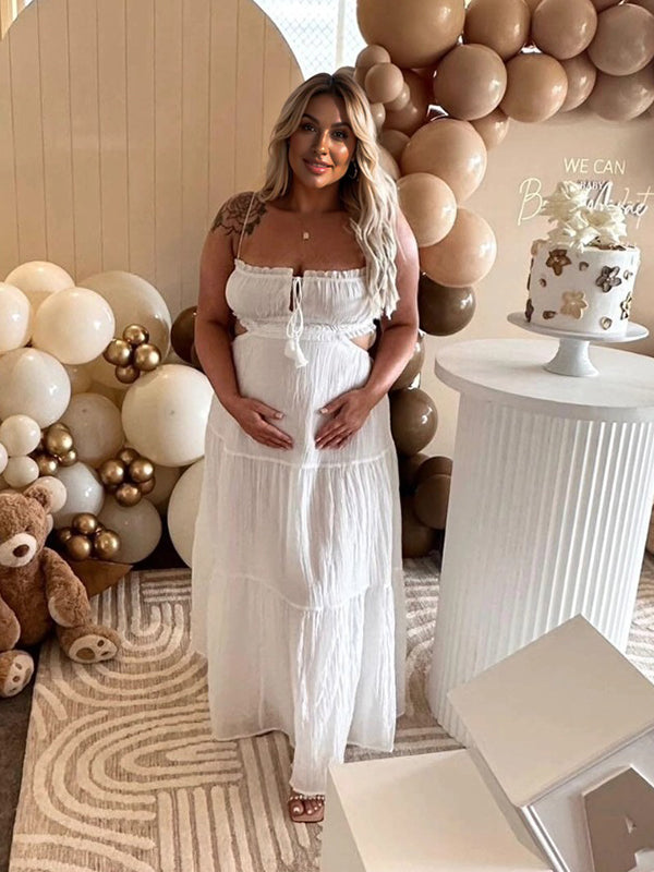 Solid Color Ruffle Backless Spaghetti Strap Cut Out Tassel Drawstring Babyshower Maternity Maxi Dress