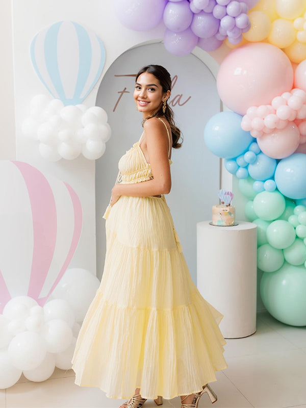 Solid Color Ruffle Backless Spaghetti Strap Cut Out Tassel Drawstring Babyshower Maternity Maxi Dress