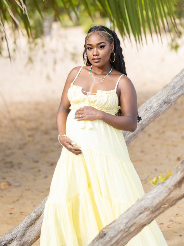 Solid Color Ruffle Backless Spaghetti Strap Cut Out Tassel Drawstring Babyshower Maternity Maxi Dress