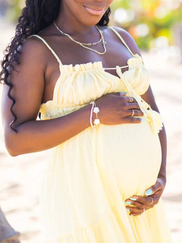Solid Color Ruffle Backless Spaghetti Strap Cut Out Tassel Drawstring Babyshower Maternity Maxi Dress