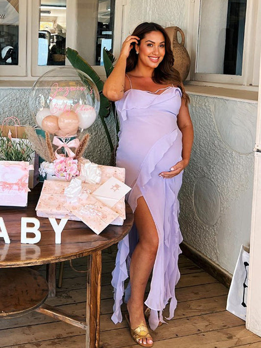 Purple Ruffle Side Slit Falbala Cami Backless Elegant Vacation Evening Gown Maternity Photoshoot Baby Shower Maxi Dress