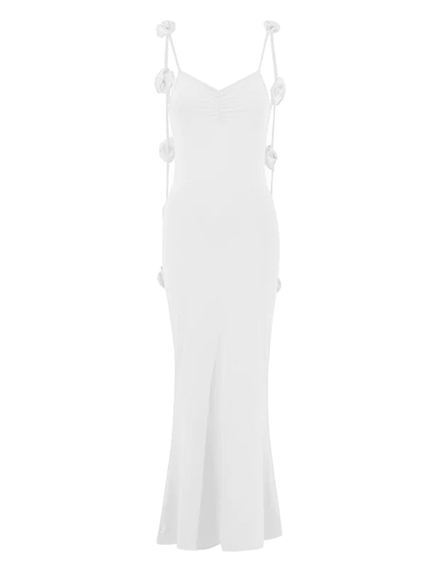 White 3D Flowers Cami Backless V-neck Mermaid Evening Elegant Wedding Gown Maternity Photoshoot Baby Shower Maxi Dress