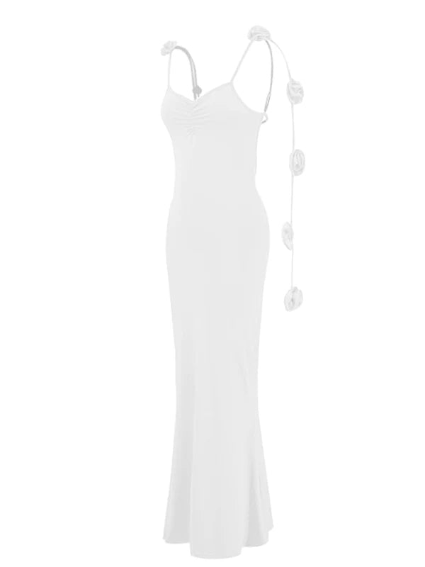 White 3D Flowers Cami Backless V-neck Mermaid Evening Elegant Wedding Gown Maternity Photoshoot Baby Shower Maxi Dress