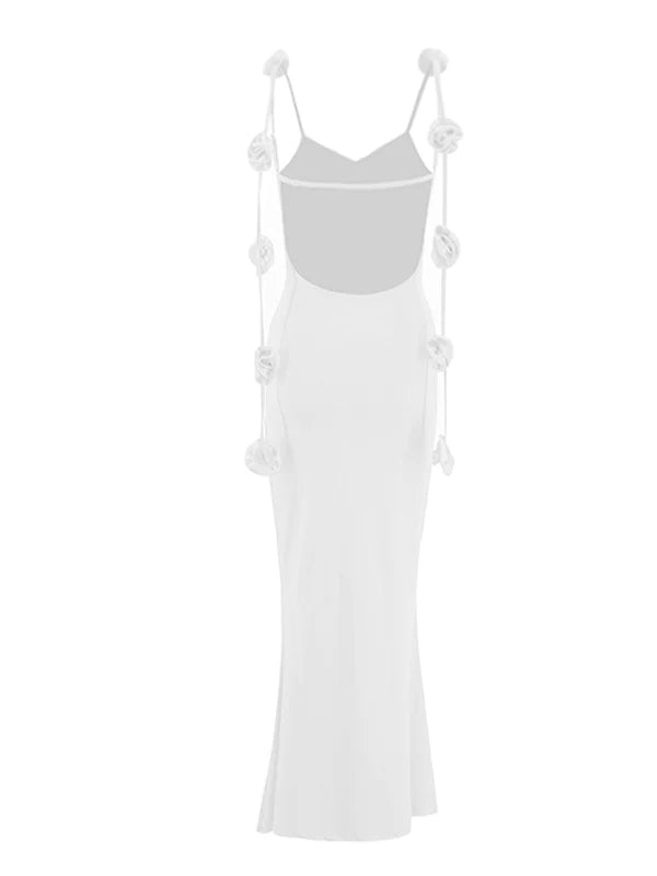 White 3D Flowers Cami Backless V-neck Mermaid Evening Elegant Wedding Gown Maternity Photoshoot Baby Shower Maxi Dress
