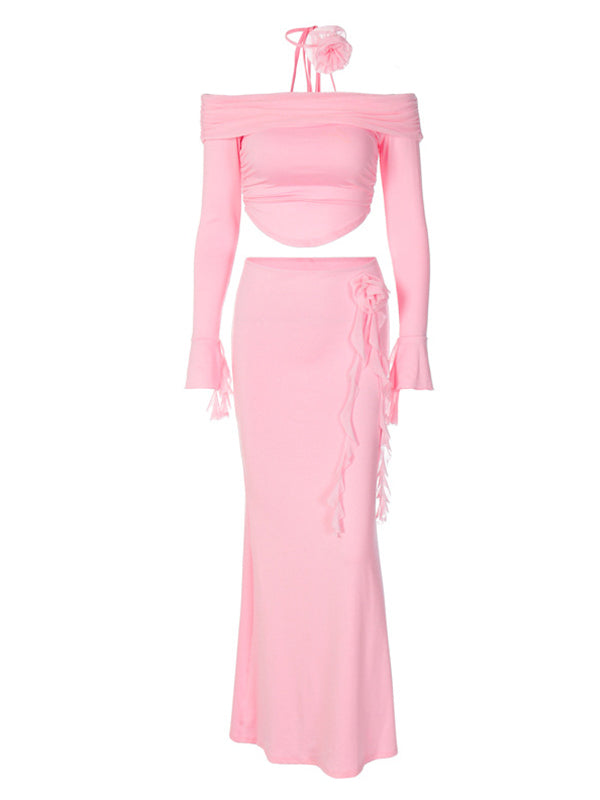 Pink 3D Flowers Off Shoulder Ruffle Falbala Draped Two Piece Set Crop Top And Skirt Chic Going Out Vacation Maternity Photoshoot Baby Shower Maxi Dress