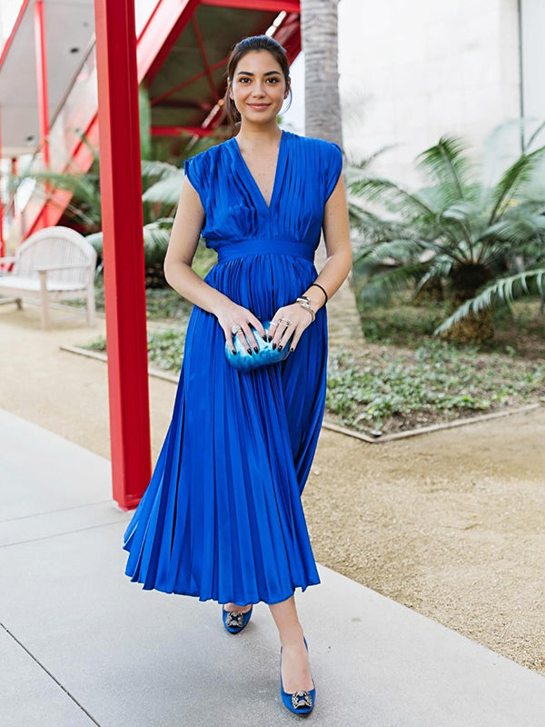 Blue Satin Pleated Deep V-neck Sleeveless Big Swing Elegant Work Wedding Guest Maternity Photoshoot Baby Shower Maxi Dress