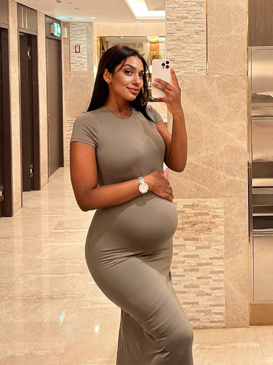 Solid Color Round Neck Short Sleeve Bodycon Chic Basic Going Out Daily Maternity Baby Shower Maxi Dress
