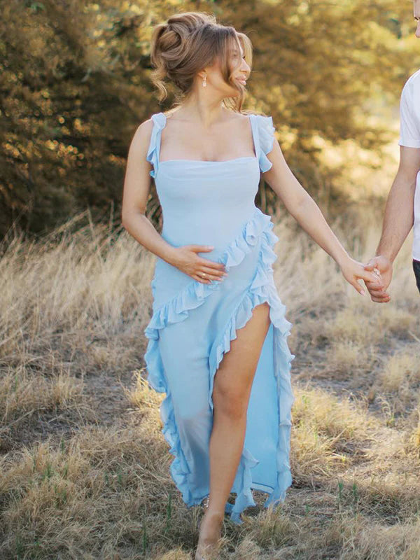 Solid Color Ruffled Side Slit Tank Square Neck Elegant Maternity Maxi Dress