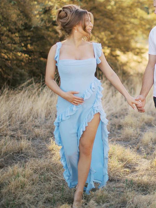 Solid Color Ruffled Side Slit Tank Square Neck Elegant Maternity Maxi Dress