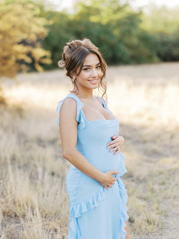 Solid Color Ruffled Side Slit Tank Square Neck Elegant Maternity Maxi Dress