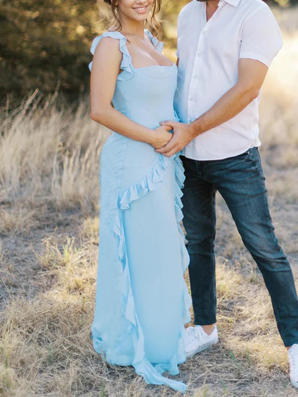 Solid Color Ruffled Side Slit Tank Square Neck Elegant Maternity Maxi Dress