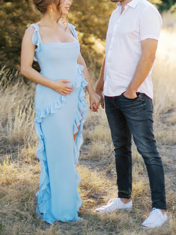 Solid Color Ruffled Side Slit Tank Square Neck Elegant Maternity Maxi Dress