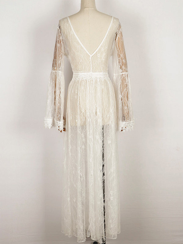 White Lace Big Swing V-neck Flare Sleeve Elegant Sheer Maternity Photoshoot Baby Shower Maxi Dress
