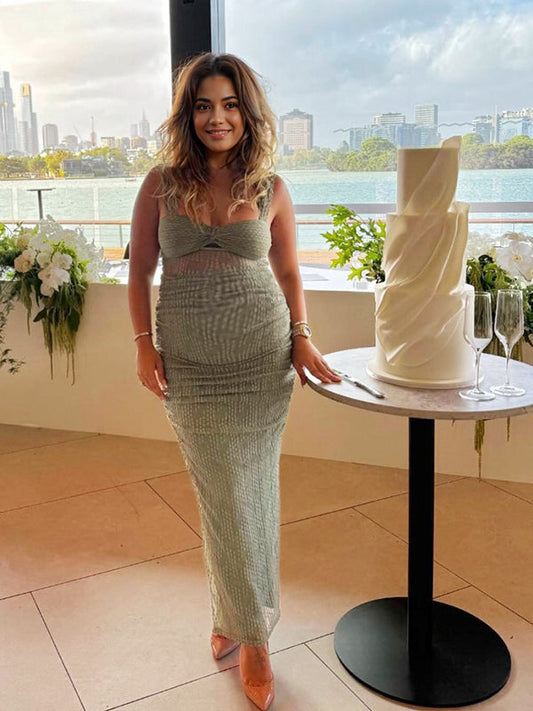 Green Lace Cut Out Sheer Tank Bodycon Elegant Cocktail Maternity Photoshoot Baby Shower Maxi Dress