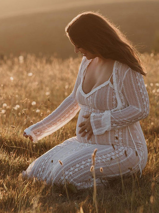 Ivory Lace Two Piece Set Side Slit V-neck Cami Maxi Dress And Crop Cardigan Elegant Going Out Maternity Photoshoot Baby Shower Maxi Dress