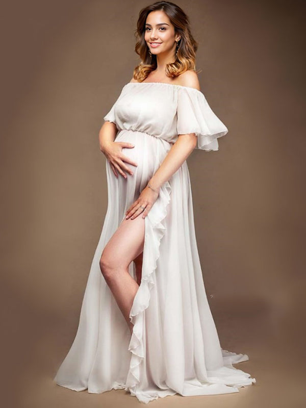 Solid Color Off Shoulder Backless Ruffle Side Slit Chiffon Photoshoot Maternity Maxi Dress