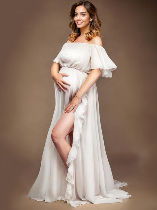 Solid Color Off Shoulder Backless Ruffle Side Slit Chiffon Photoshoot Maternity Maxi Dress