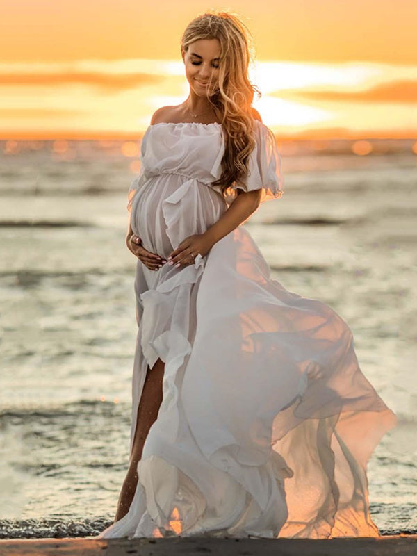 Solid Color Off Shoulder Backless Ruffle Side Slit Chiffon Photoshoot Maternity Maxi Dress