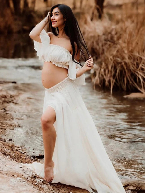 Solid Color Bohemian Off Shoulder Backless Ruffle 2-in-1 Crop Cap Sleeve Side Slit Photoshoot Maternity Maxi Dress