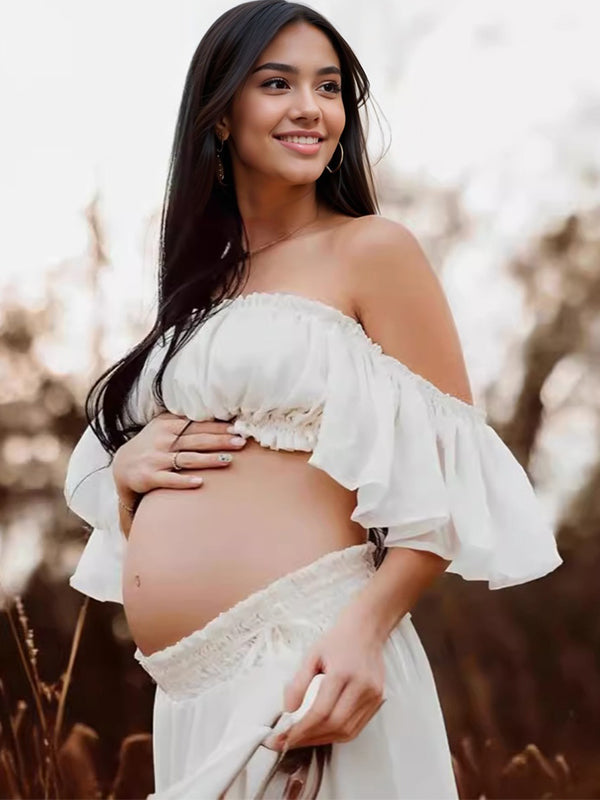 Solid Color Bohemian Off Shoulder Backless Ruffle 2-in-1 Crop Cap Sleeve Side Slit Photoshoot Maternity Maxi Dress