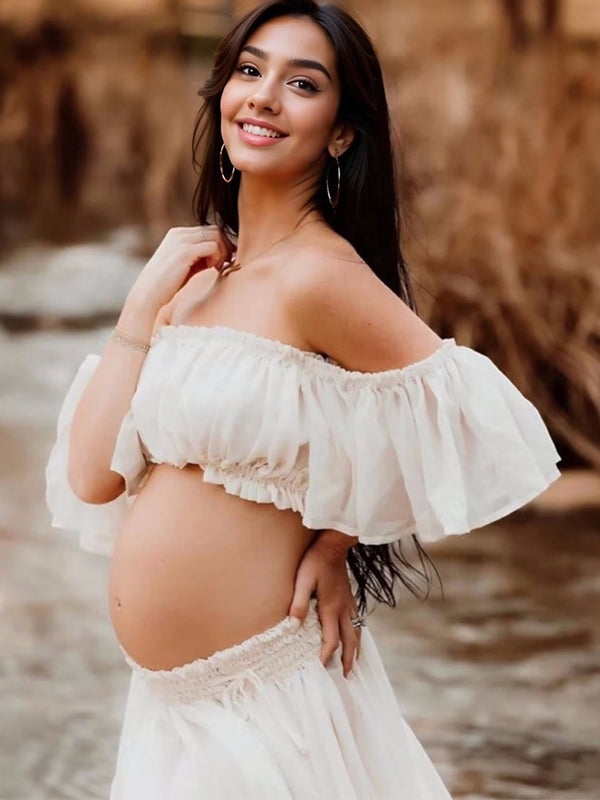 Solid Color Bohemian Off Shoulder Backless Ruffle 2-in-1 Crop Cap Sleeve Side Slit Photoshoot Maternity Maxi Dress