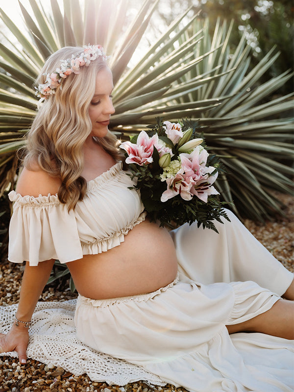 Solid Color Bohemian Off Shoulder Backless Ruffle 2-in-1 Crop Cap Sleeve Side Slit Photoshoot Maternity Maxi Dress