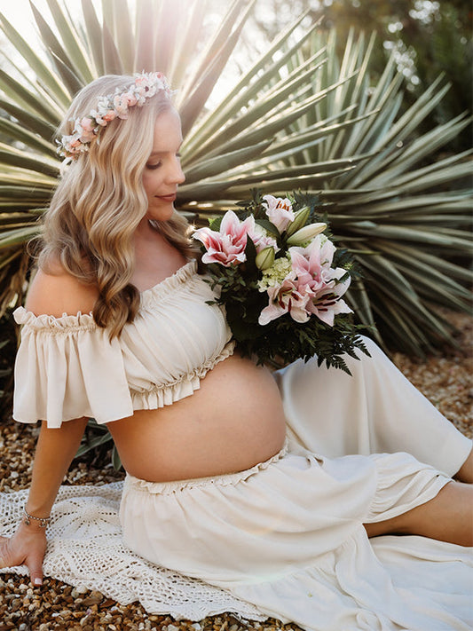 Solid Color Bohemian Off Shoulder Backless Ruffle 2-in-1 Crop Cap Sleeve Side Slit Photoshoot Maternity Maxi Dress