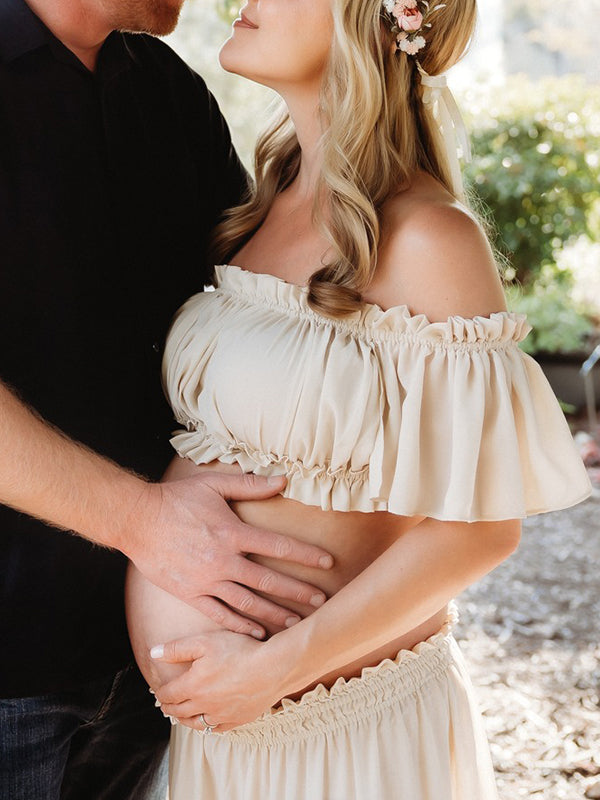 Solid Color Bohemian Off Shoulder Backless Ruffle 2-in-1 Crop Cap Sleeve Side Slit Photoshoot Maternity Maxi Dress
