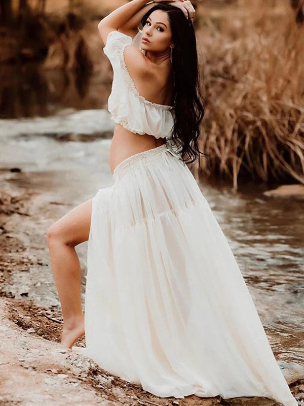 Solid Color Bohemian Off Shoulder Backless Ruffle 2-in-1 Crop Cap Sleeve Side Slit Photoshoot Maternity Maxi Dress