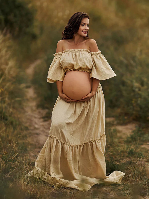 Boho Solid Color Off Shoulder Backless Linen Cotton Ruffle 2-in-1 Crop Cap Sleeve Side Slit Photoshoot Maternity Maxi Dress