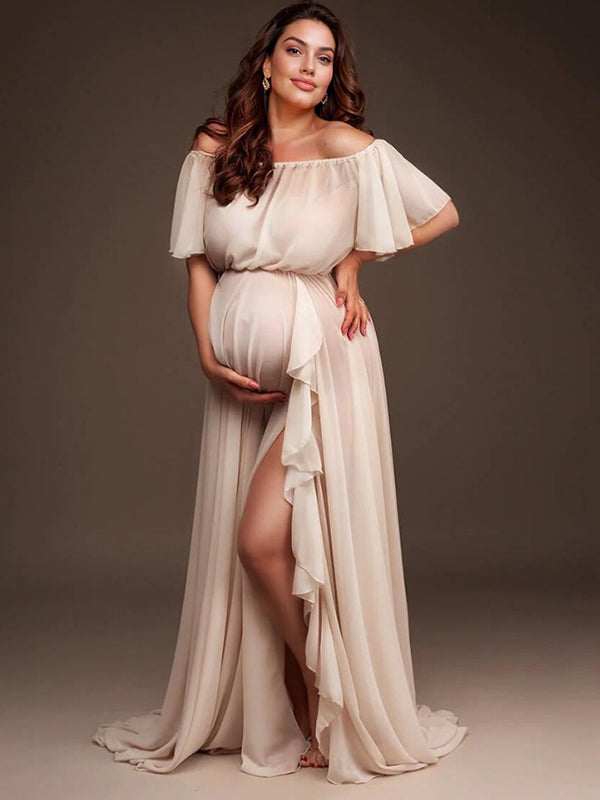 Solid Color Off Shoulder Backless Ruffle Side Slit Chiffon Photoshoot Maternity Maxi Dress