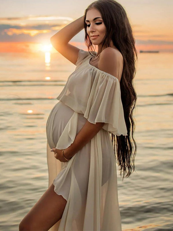 Solid Color Off Shoulder Backless Ruffle Side Slit Chiffon Photoshoot Maternity Maxi Dress