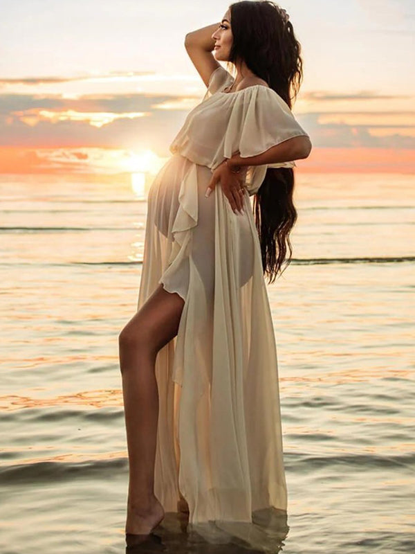 Solid Color Off Shoulder Backless Ruffle Side Slit Chiffon Photoshoot Maternity Maxi Dress