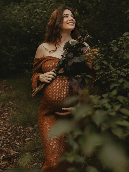 Coffee Color V-Neck Knitting Cut Out Beach Vacation Photoshoot Maternity Maxi Dress