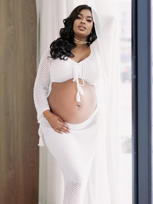 White Drawstring Crop Sheer Knitting 2-in-1 Bodycon Mermaid Beach Vacatiom Photoshoot Maternity Maxi Dress