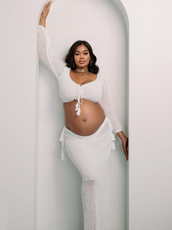 White Drawstring Crop Sheer Knitting 2-in-1 Bodycon Mermaid Beach Vacatiom Photoshoot Maternity Maxi Dress