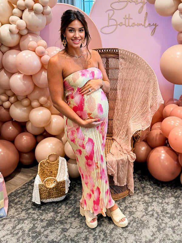 Pleated Bandeau Backless Back Bowknot Tie Back Tie Dye Party Bodycon Mermaid Babyshower Maternity Maxi Dress