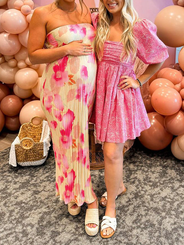 Pleated Bandeau Backless Back Bowknot Tie Back Tie Dye Party Bodycon Mermaid Babyshower Maternity Maxi Dress