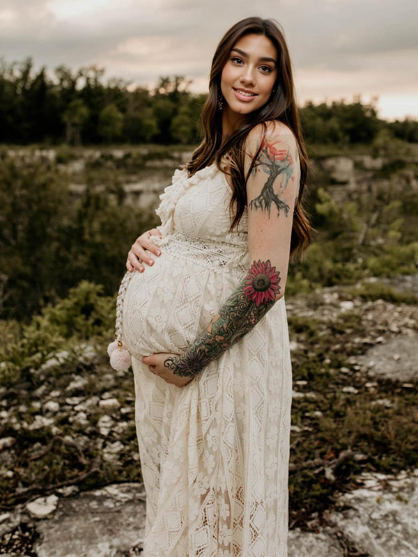 Lace Bohemian Spaghetti Strap Tassel Backless V-Neck Photoshoot Maternity Maxi Dress